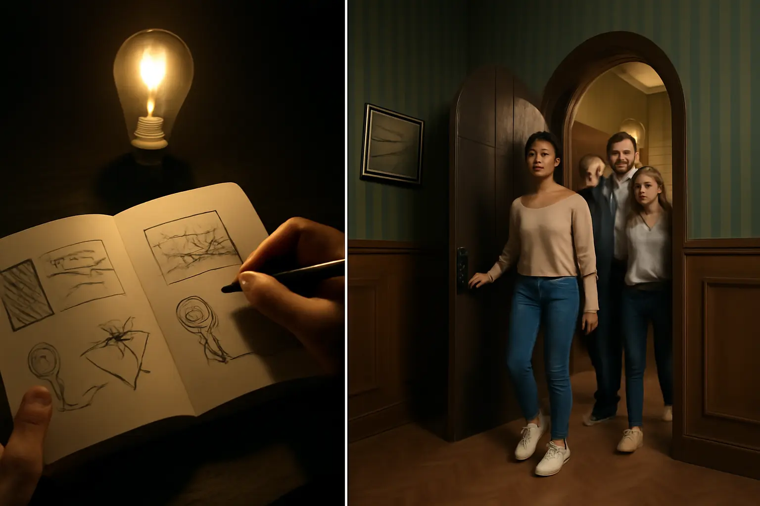 تصویری که تبدیل شدن یک ایده خام به یک کسب‌وکار موفق و حرفه‌ای اتاق فرار را با کمک تخصص و طراحی نشان می‌دهد.