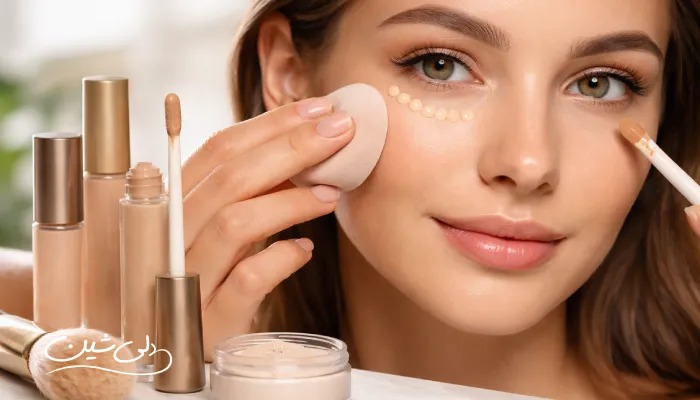 تصویر یک دختر در حال زدن کانسیلر زیرچشم خود