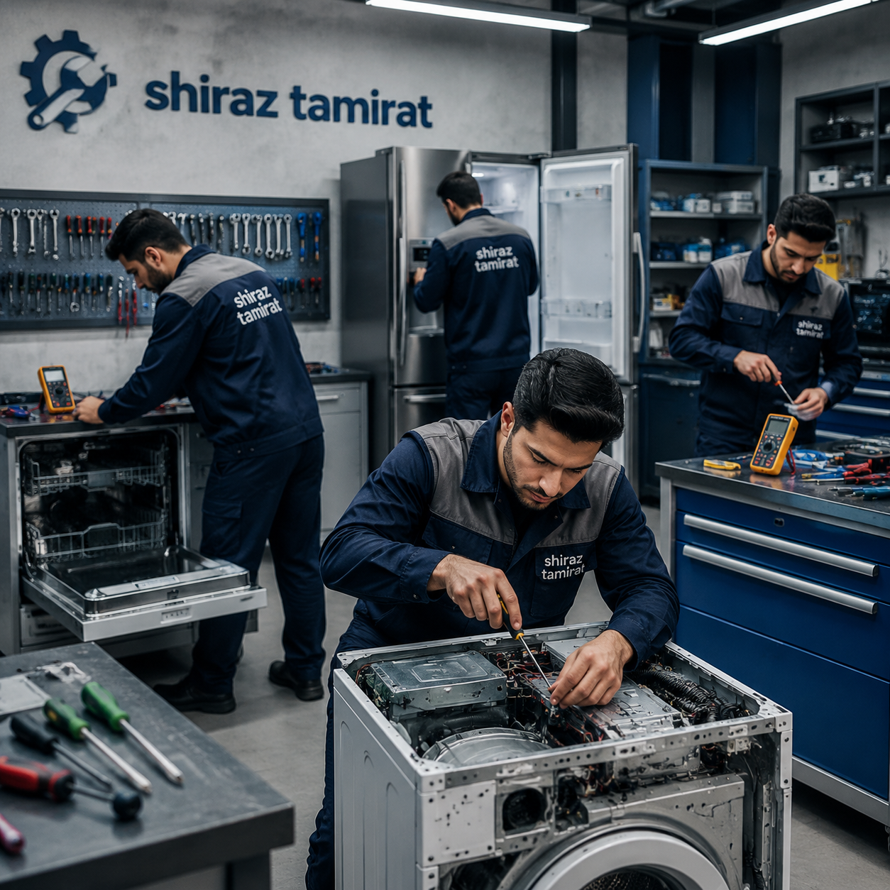 تصویر گروهی از تعمیرکاران شیراز تعمیرات در حال تعمیرکار ظرفشویی لباسشویی و یخچال